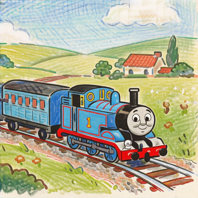 Thomas pulling Annie and Clarabel carriages through the Sodor countryside, hand-drawn colored pencil style
