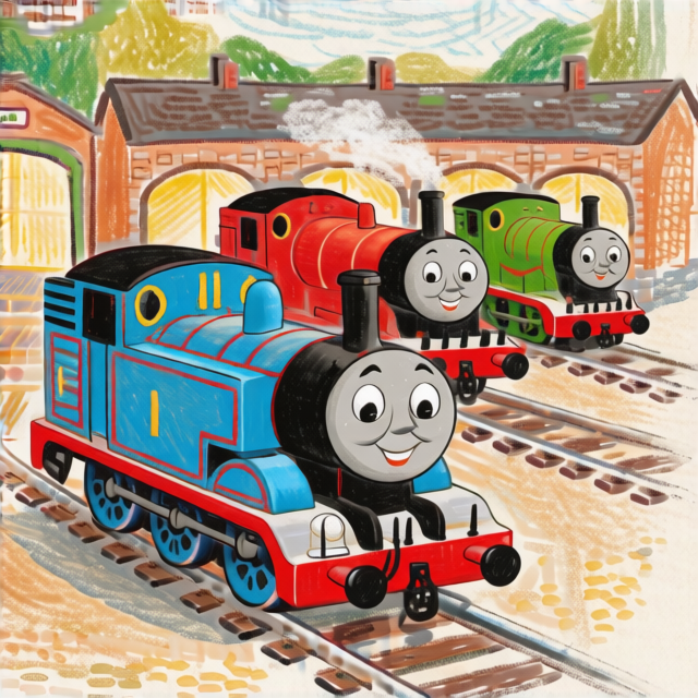 Thomas at Tidmouth Sheds with Gordon, James, and Percy